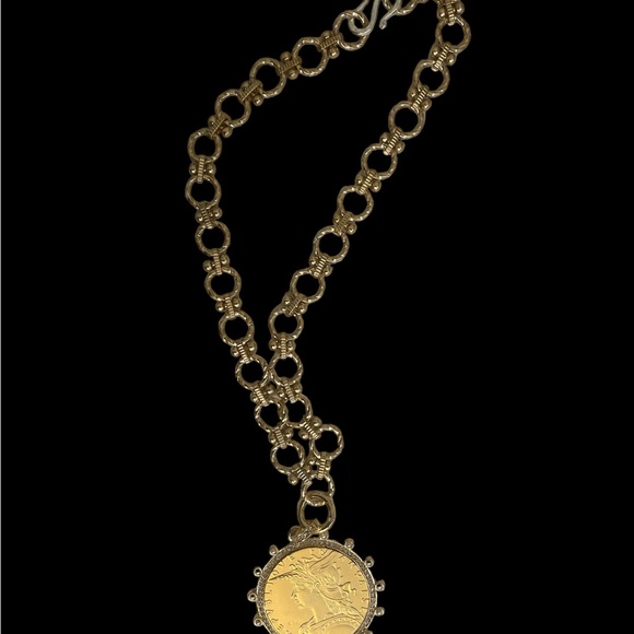 Large gold coin necklace matte gold linked chain pave diamond coin statement - Picture 6 of 7